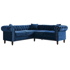 80 in. W Rolled Arm 1-Piece L-Shaped Velvet Sectional Sofa in Blue with 3-Pillows