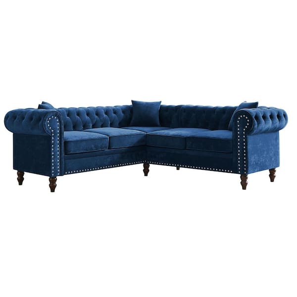 Wateday 80 in. W Rolled Arm 1-Piece L-Shaped Velvet Sectional Sofa in Blue with 3-Pillows