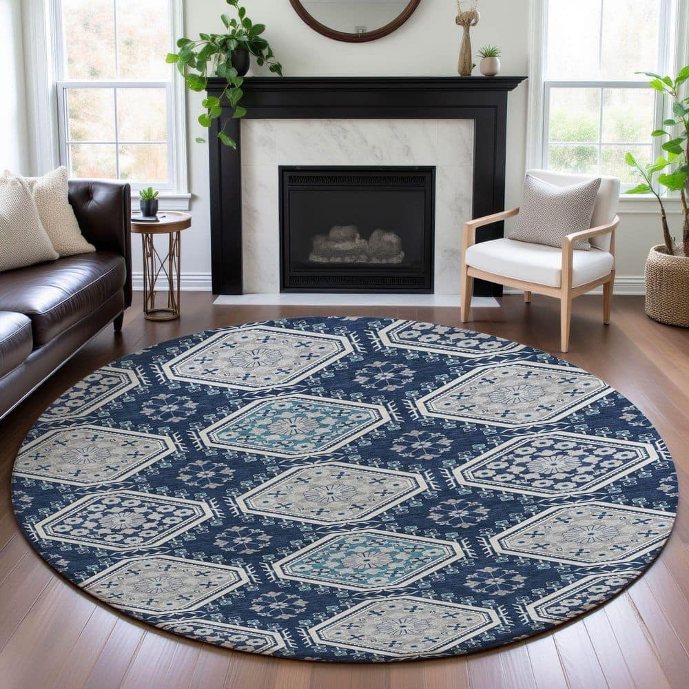 Mayfield Premium Machine Washable Abstract AMF1442 Navy 8 ft. x 8 ft. Round Rug price history on PriceWatchPro