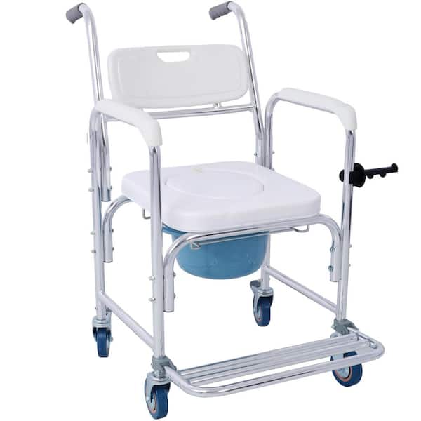 Siavonce 4 in 1 Bedside Commode Chair, Transport Shower Wheelchair Toilet Rolling Transport Chair with 4 Brakes Casters, White