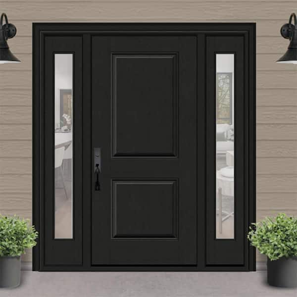 Regency 64 in. x 80 in. 2P Squaretop RHIS Onyx Stain Mahogany Fiberglass Prehung Front Door with Clear 12 in. SLs 6-9/16