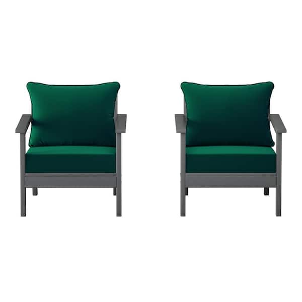 WESTIN OUTDOOR Birchwood Gray Outdoor Patio (Set of 2) Deep Seating HDPE Lounge Chairs w/ Green Cushions