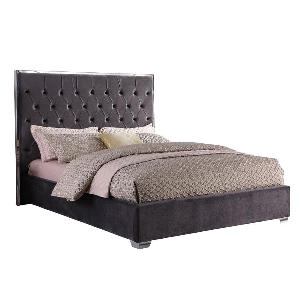 Queen Dark Gray Velvet Tufted Upholstered Bed with Wood Frame