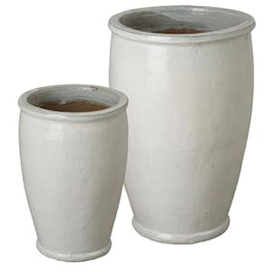 20 in. x 27 in. H Round Rim Distressed White Ceramic Planters (Set of 2)