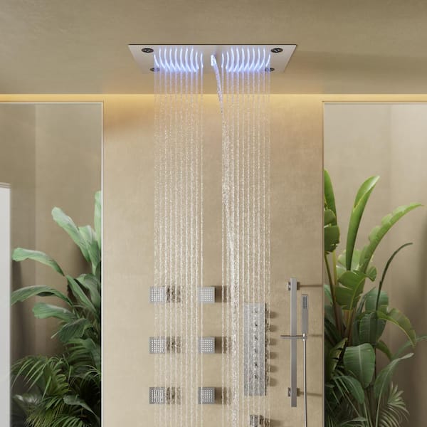 EVERSTEIN Height-adjustable 31-Spray 27.5 in. Dual Shower Heads Ceiling Mount Fixed and Handheld Shower Head in Nickel