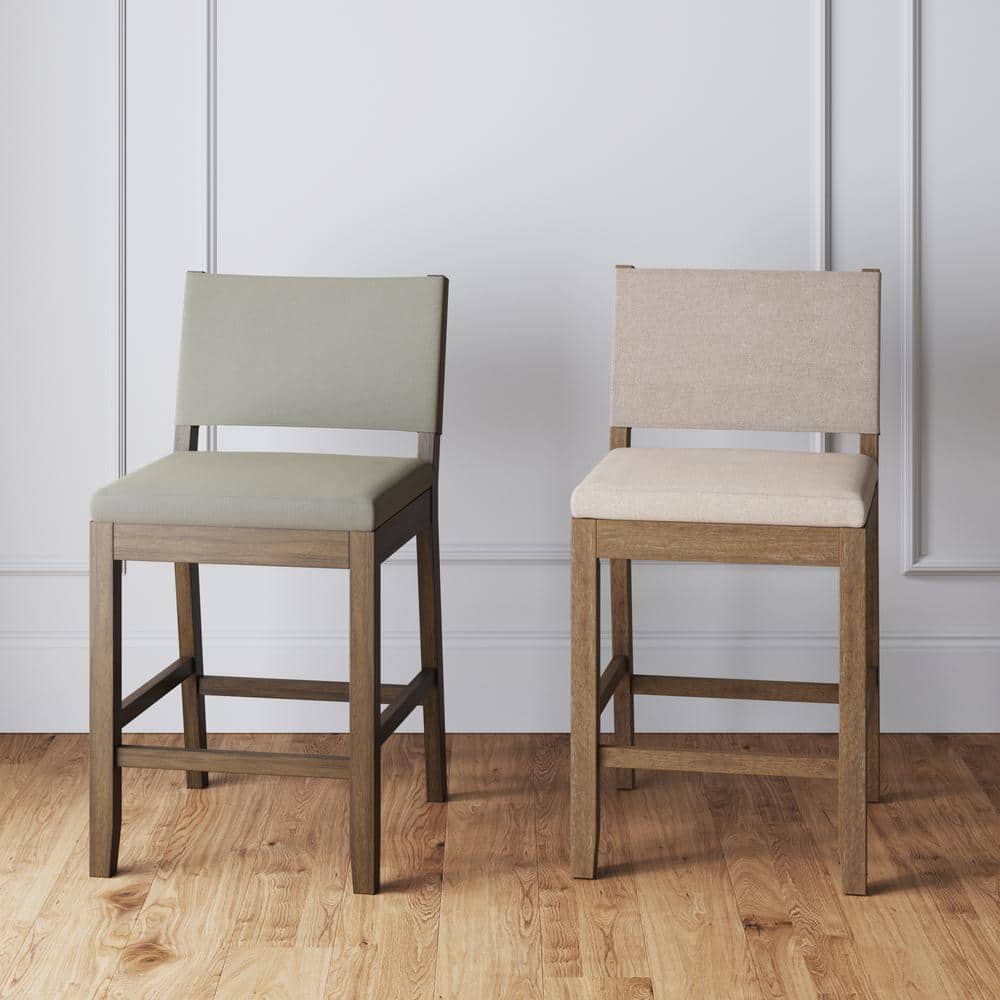Linus Dark Brown Wood and Light Gray Linen Bar Stool
