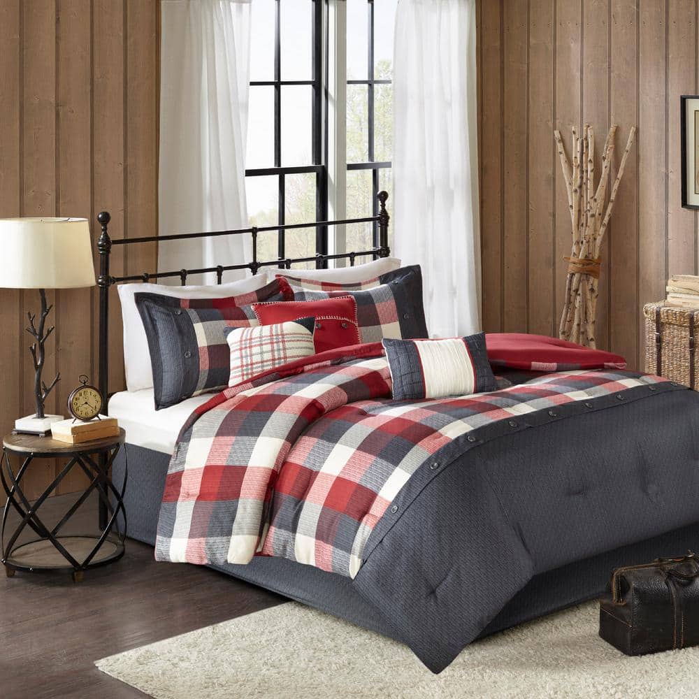 King Red Microfiber Herringbone Comforter Set with Decorative Pillows