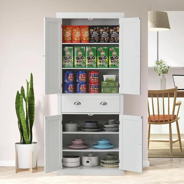 72 in. Storage Freestanding Utility Cabinets with 3 Adjustable Shelves Pearl White Tall Food Buffet Pantry Organizers
