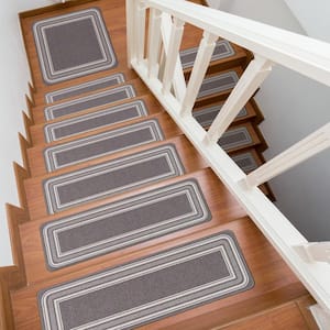 8.5 X 26 and 31 X 31 Gray Carmel Bordered Non-Slip Indoor Stair Tread Cover and Landing Mat (Set of 16)
