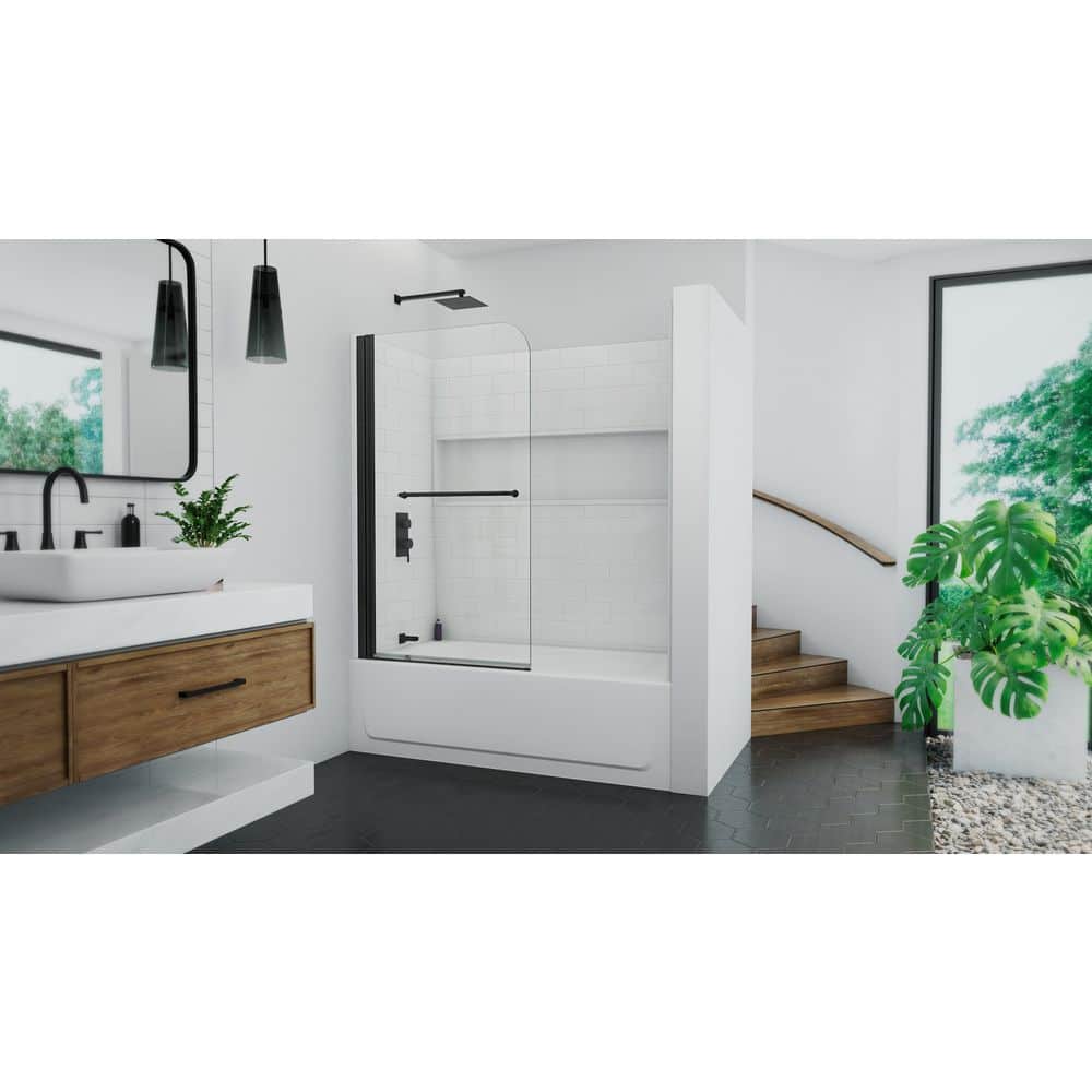 Maui 34 in. W x 58 in. H Frameless Pivot Tub Door in Matte Black with Clear