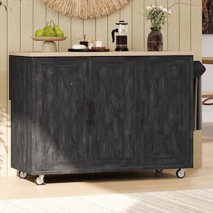 Black Wood Top 51.2 in. Geometric Twill Stripe Kitchen Island with Drop Leaf, Internal Storage Rack and Adjustable Shelf