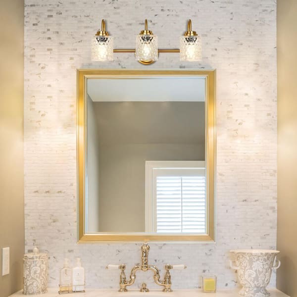 Nafissa 21.6 in. 3-Light Brass Vanity Light with Cylinder Bubble Glass Shade Modern Over Mirror Lights for Bathroom