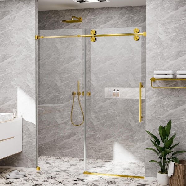 60 in. W x 80 in. H Single Sliding Frameless Shower Door in Brushed Gold with Smooth Sliding and 3/8 in. Clear Glass