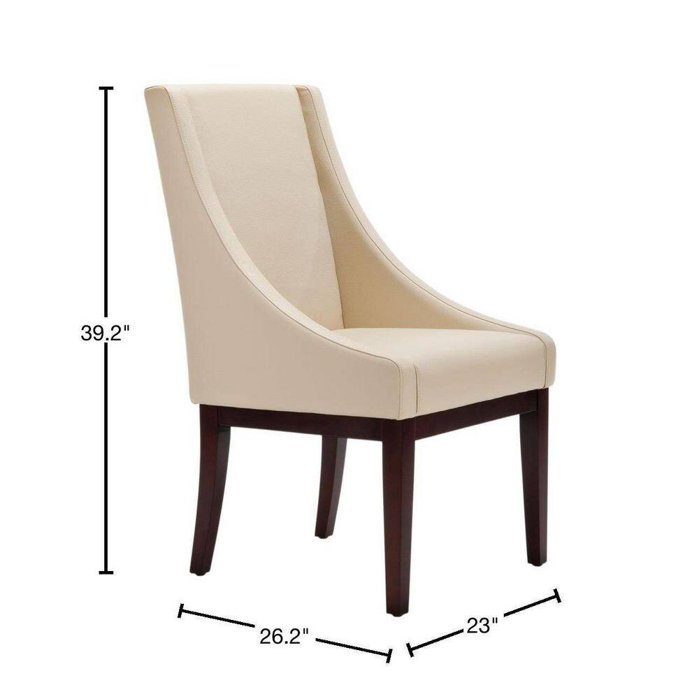 Cream Leather Swoop Arm Accent Chair with Wood Legs