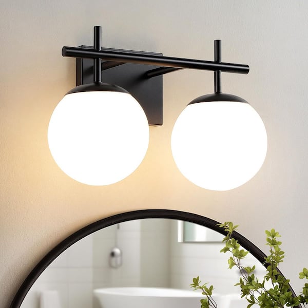 14.17 in. 2-Light Sleek Matte Black Modern Traditional Bathroom Vanity Light with Clear and White Frosted Glass Shades