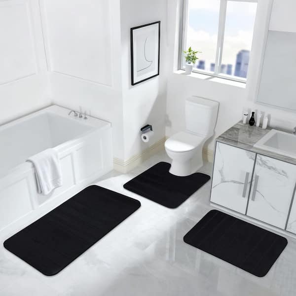Black 3 Piece Memory Foam Bathroom Rugs Set Absorbent Bathroom Rugs Quick Dry Machine Washable Bath Mat Toilet Rug