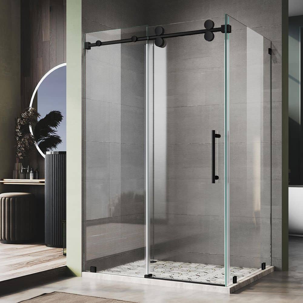 UKS04 55 in. W X 80 in. H X 32 in. D U-Channel Sliding Frameless Corner Shower Enclosure in Matte Black, Clear Glass price history on PriceWatchPro