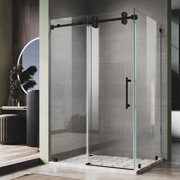 UKS04 60 in. W x 80 in. H x 40 in. D U-Channel Sliding Frameless Corner Shower Enclosure in Matte Black, Clear Glass