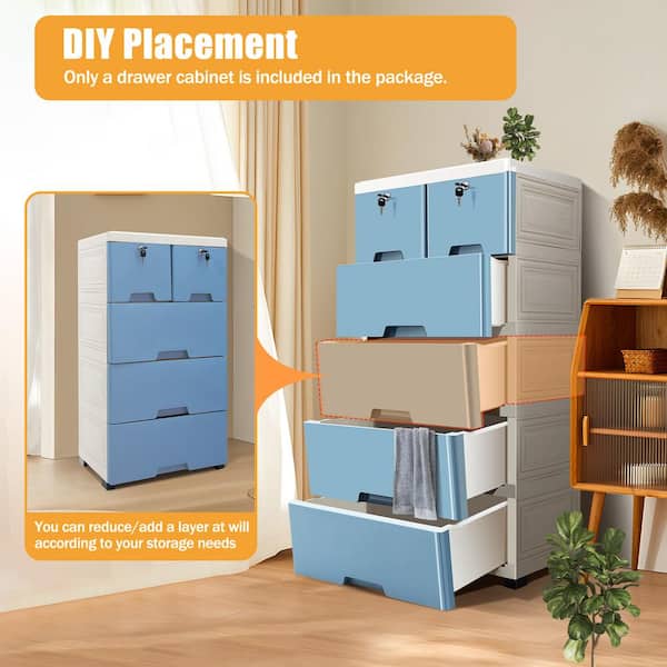 Pink Blue 6 Drawers Storage Cabinet w/4 Wheels Modern Plastic