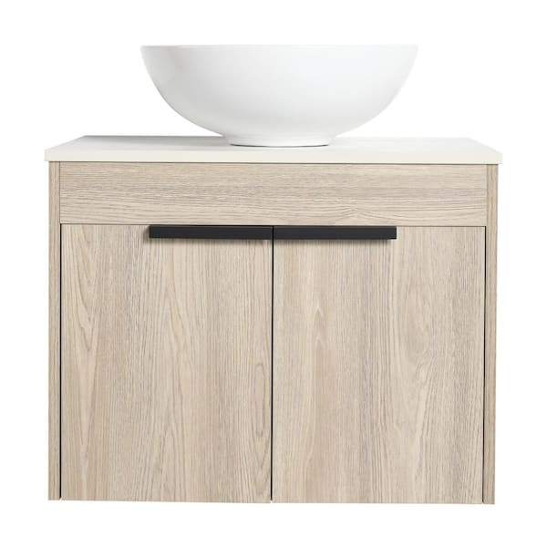 JimsMaison 24 in. W x 19 in. D x 24 in. H Wall-Mounted Bath Vanity in White Oak with White Engineered Stone Composite Top and Sink