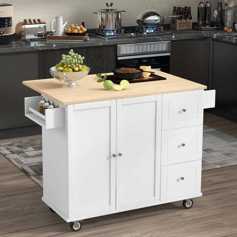 FAMYYT Rolling White Drop Leaf Rubberwood Tabletop 53 in. Kitchen ...