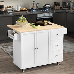 Rolling White Drop Leaf Rubberwood Tabletop 53 in. Kitchen Island with Adjustable Shelves