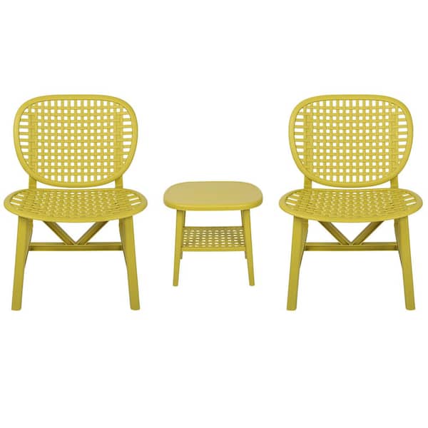 Angel Sar Yellow 3-Piece Plastic Hollow Design Retro Patio Table Chair Set All Weather Outdoor Bistro Set