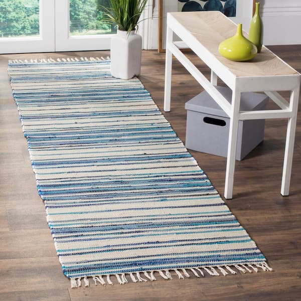 Rag Rug Ivory/Blue 2 ft. x 12 ft. Striped Runner Rug