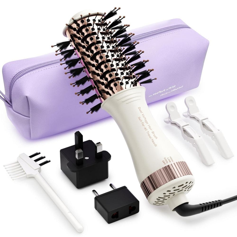 4-in-1 White and Rose Gold 2 in. Mini Travel Dual Voltage Hair Dryer Brush Blow Dryer Brush in One with EU and UK Plug