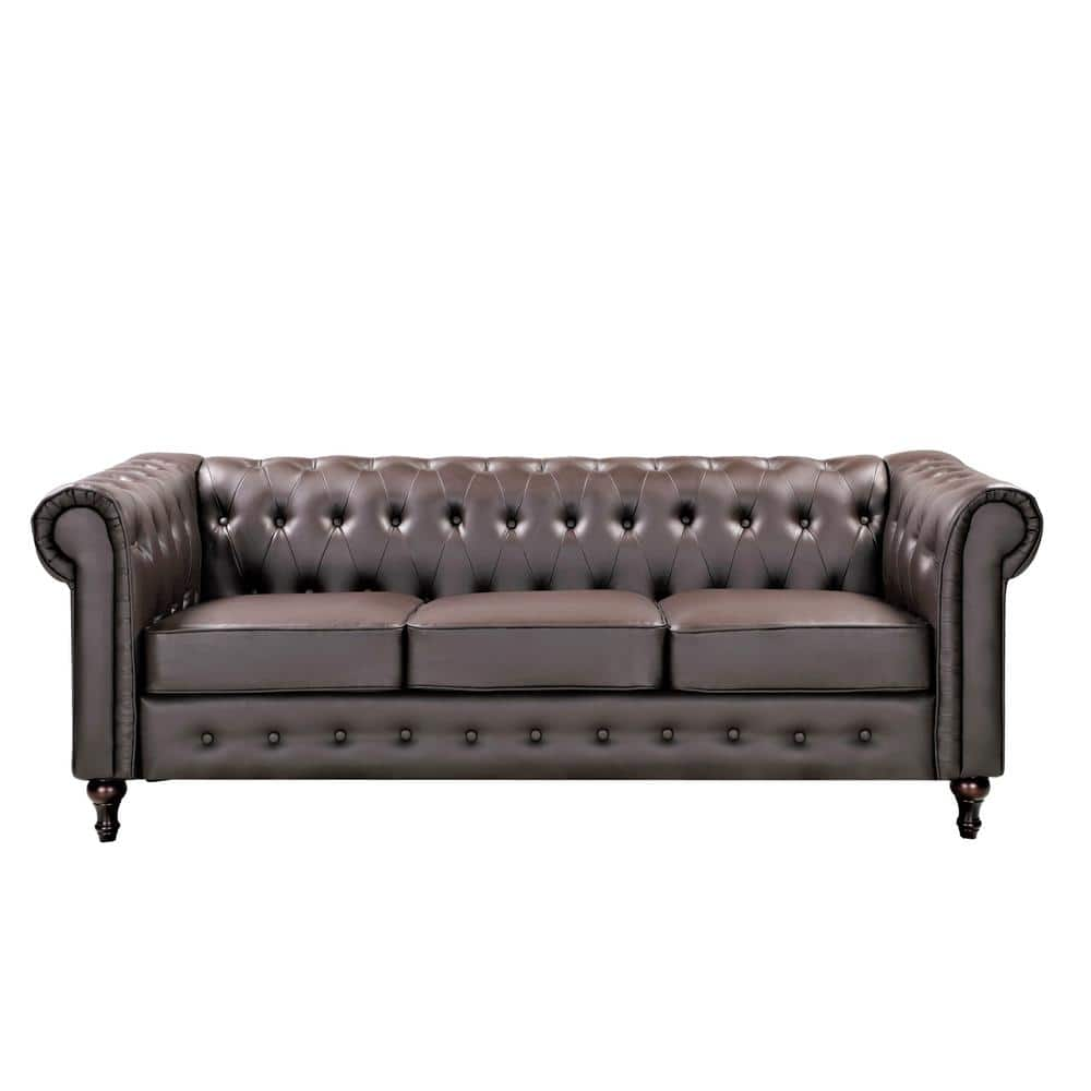 Brooks 82.3 in. Rolled Arm Faux Leather Straight 3-Seater Upholstered Sofa in Brown -  US Pride Furniture, S5684S