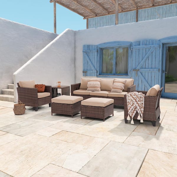 JOYESERY 6-Piece Brown Wicker Outdoor Conversation Seating Sofa Set with Side Table, Sand Cushions