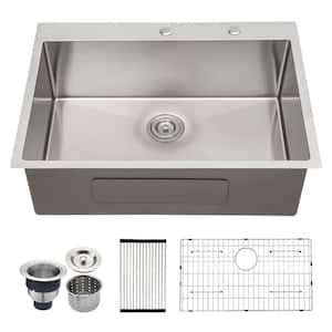 Undermount 16 Gauge Stainless Steel 30 in. 2-Hole Single Bowl Kitchen Sink with Bottom Grid and Basket Strainer