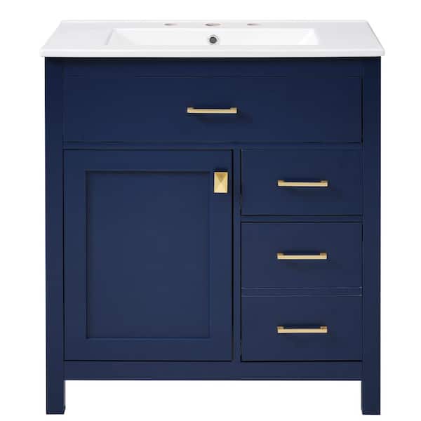 Aoibox 30 in. W x 18.3 in. D x 33.6 in. H Single Sink Freestanding Bath Vanity in Blue with White Ceramic Top