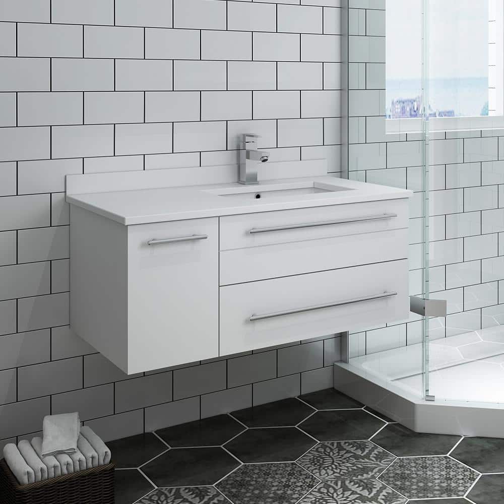 White 36" Wall-Mount Vanity with Quartz Top and Ceramic Sink