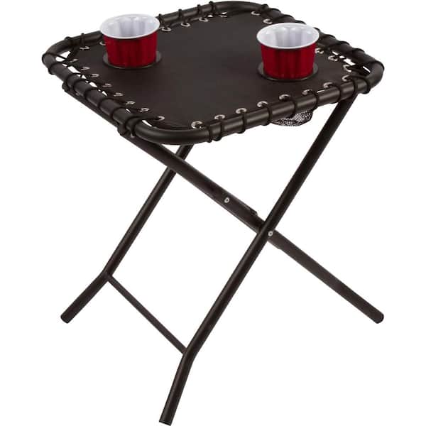 Trademark Innovations 17.5 in. L x 17.5 in. W x 21 in. H Folding Textilene Mesh Vinyl Fabric Side Table with 2 Drink Holders