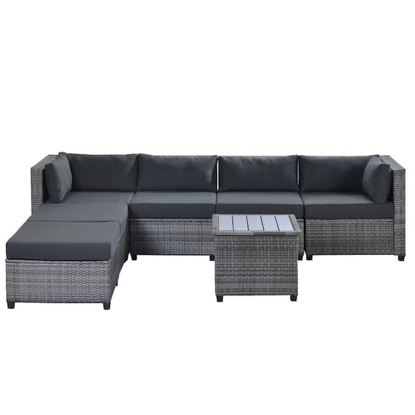 Polibi 7-Piece Rattan Wicker Patio Conversation Sectional Seating Set with Gray Cushions