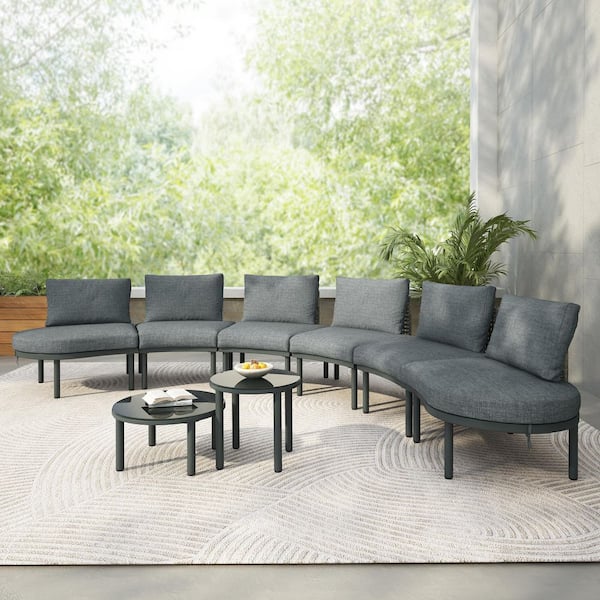 Runesay 8-Piece Rattan Wicker Outdoor Patio Half Moon Conversation Sectional Sofa Set with Gray Cushions and Coffee Table