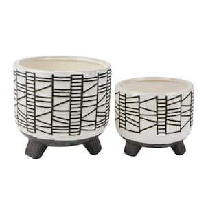 8 in. White Ceramic Planter with Geometric Design and Footed Base (Set of 2)