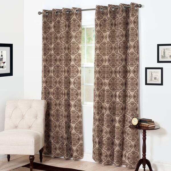 null Semi-Opaque Dana Flocked Brown Polyester Grommet Curtain - 54 in. W x 108 in. L