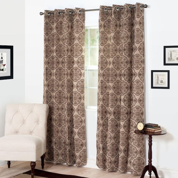 null Semi-Opaque Dana Flocked Brown Polyester Grommet Curtain - 54 in. W x 95 in. L