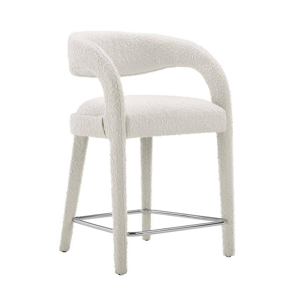 Ivory Boucle Upholstered Counter Stools with Curved Backrest, Set of Two