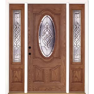 63.5 in.x81.625 in. Lakewood Brass 3/4 Oval Lite Stained Medium Oak Left-Hand Fiberglass Prehung Front Door w/Sidelites