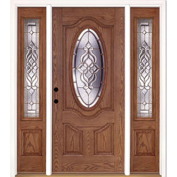Feather River Doors 63.5 in.x81.625 in. Lakewood Brass 3/4 Oval Lite Stained Medium Oak Left-Hand Fiberglass Prehung Front Door w/Sidelites