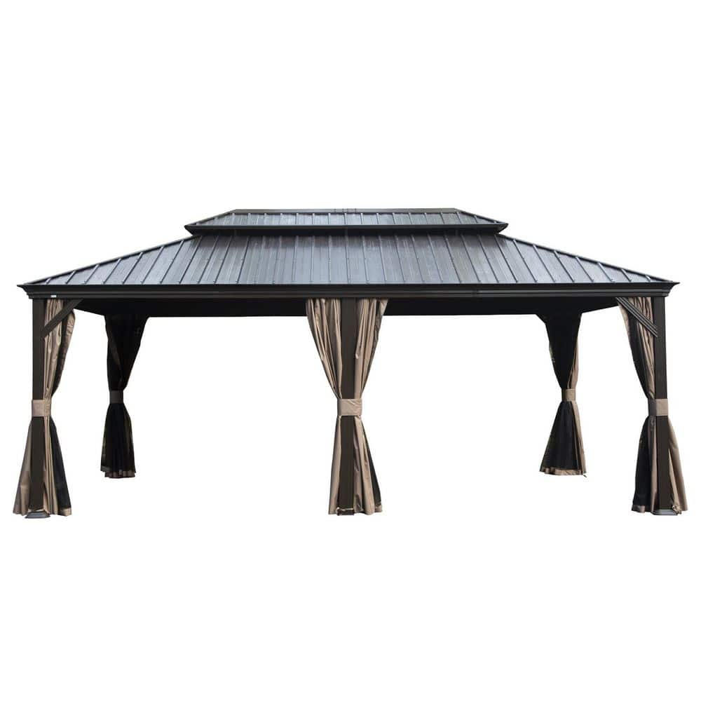 12 ft. x 18 ft. Gray Hardtop Patio Gazebo Aluminum Frame with Galvanized Steel Double Roof Curtains Netting price history on PriceWatchPro
