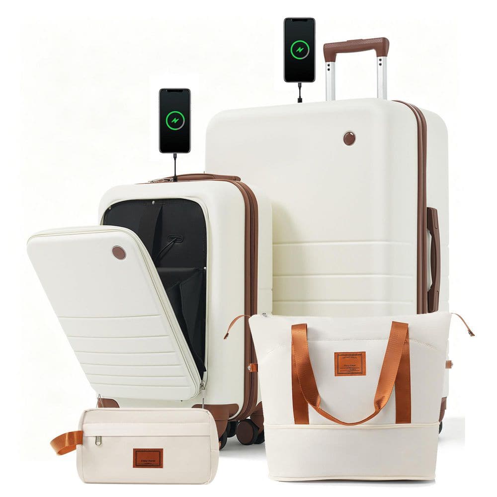 4 Bags 4-Piece Ivory and Brown Expandable ABS Hardshell Luggage Set with Duffel Bag, USB Port, Front Opening(20")
