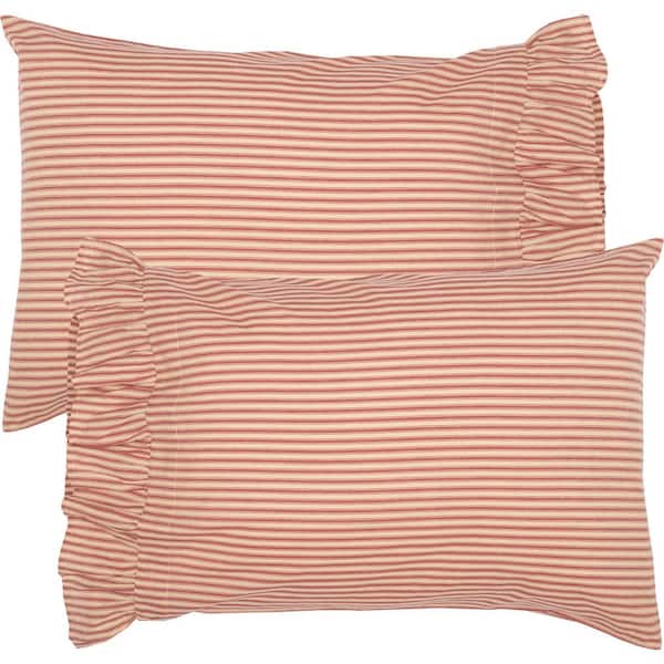Sawyer Mill Red Farmhouse Ticking Stripe Ruffled Cotton Standard Pillowcase (Set of 2)