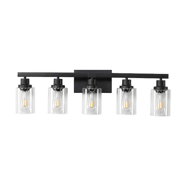 Tatahance 31.1 in. 5-Light Black Metal Vanity Light with Tempered Glass Shade