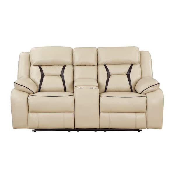 Belmont 76 in. W Beige Faux Leather Manual Double Reclining Loveseat with Center Console