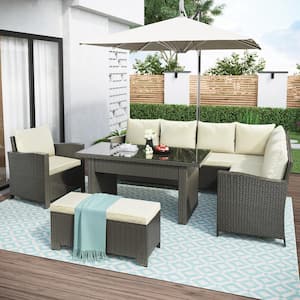 Outdoor 6-Piece Wicker Patio Conversation Set with Beige Cushions
