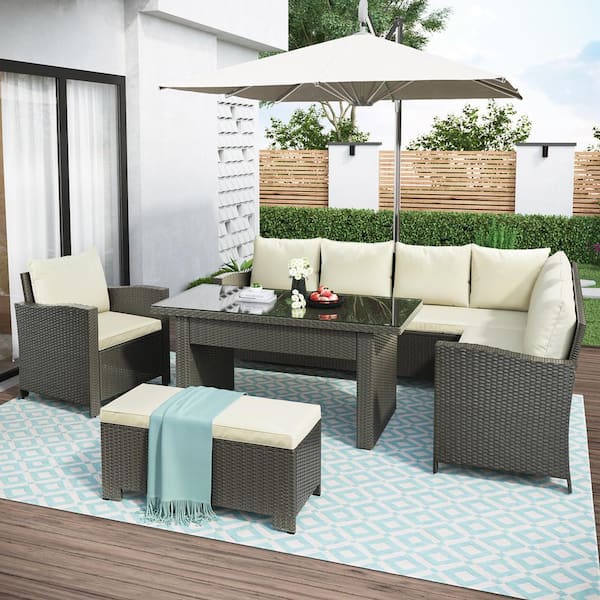 Wateday Outdoor 6-Piece Wicker Patio Conversation Set with Beige Cushions
